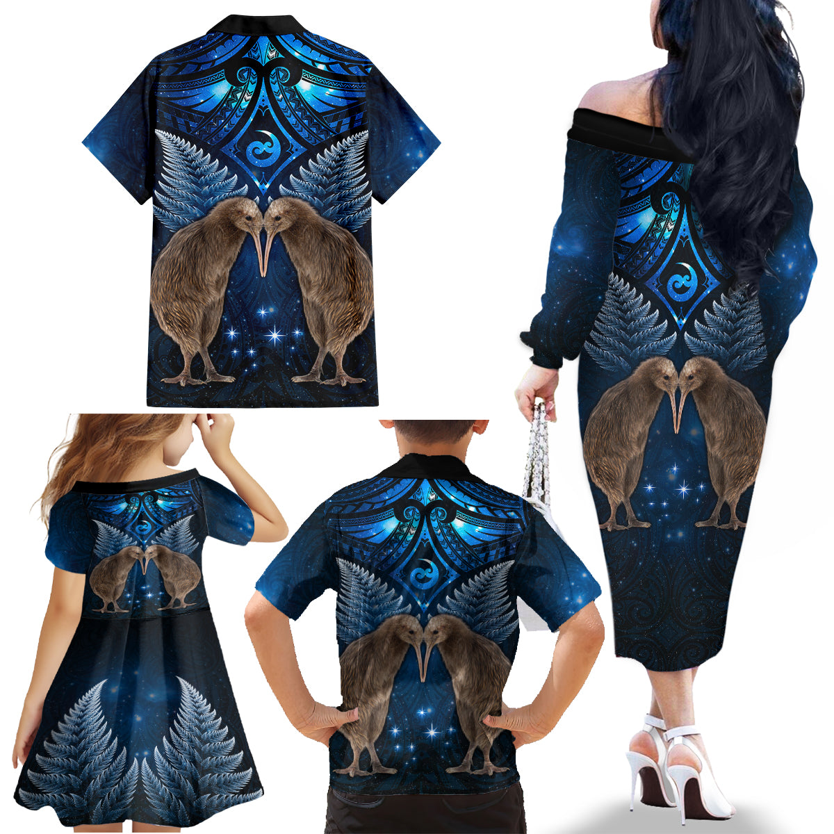 New Zealand Maori Matariki Family Matching Off The Shoulder Long Sleeve Dress and Hawaiian Shirt Hongi Kiwi Bird and Silver Fern LT03 - Polynesian Pride