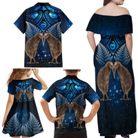 New Zealand Maori Matariki Family Matching Off Shoulder Maxi Dress and Hawaiian Shirt Hongi Kiwi Bird and Silver Fern LT03 - Polynesian Pride