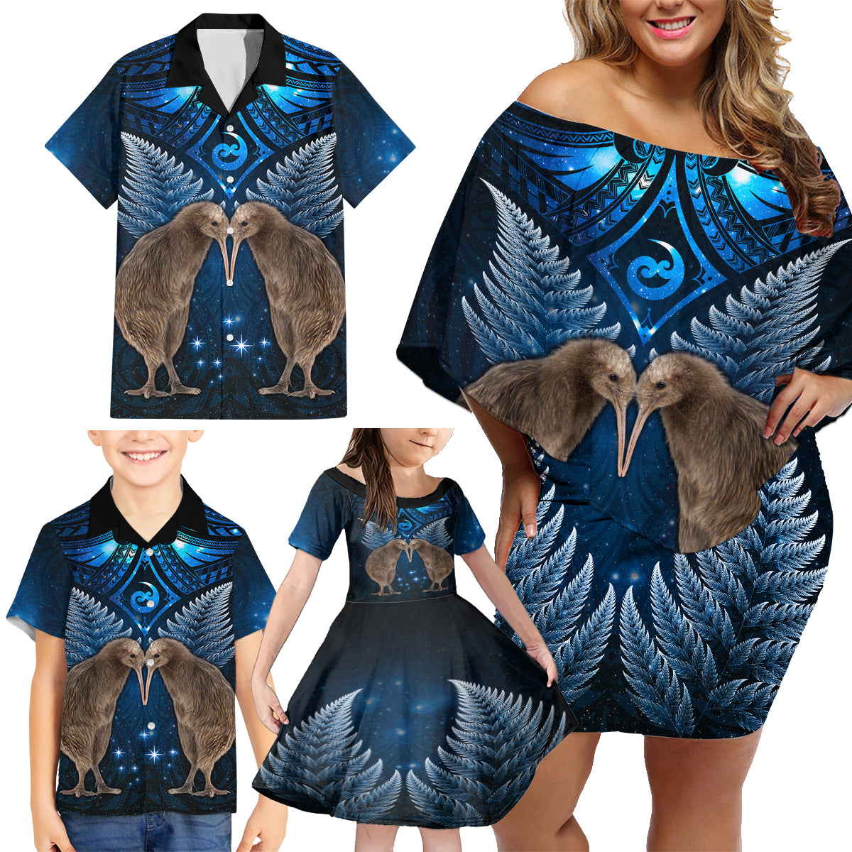 New Zealand Maori Matariki Family Matching Off Shoulder Short Dress and Hawaiian Shirt Hongi Kiwi Bird and Silver Fern LT03 - Polynesian Pride
