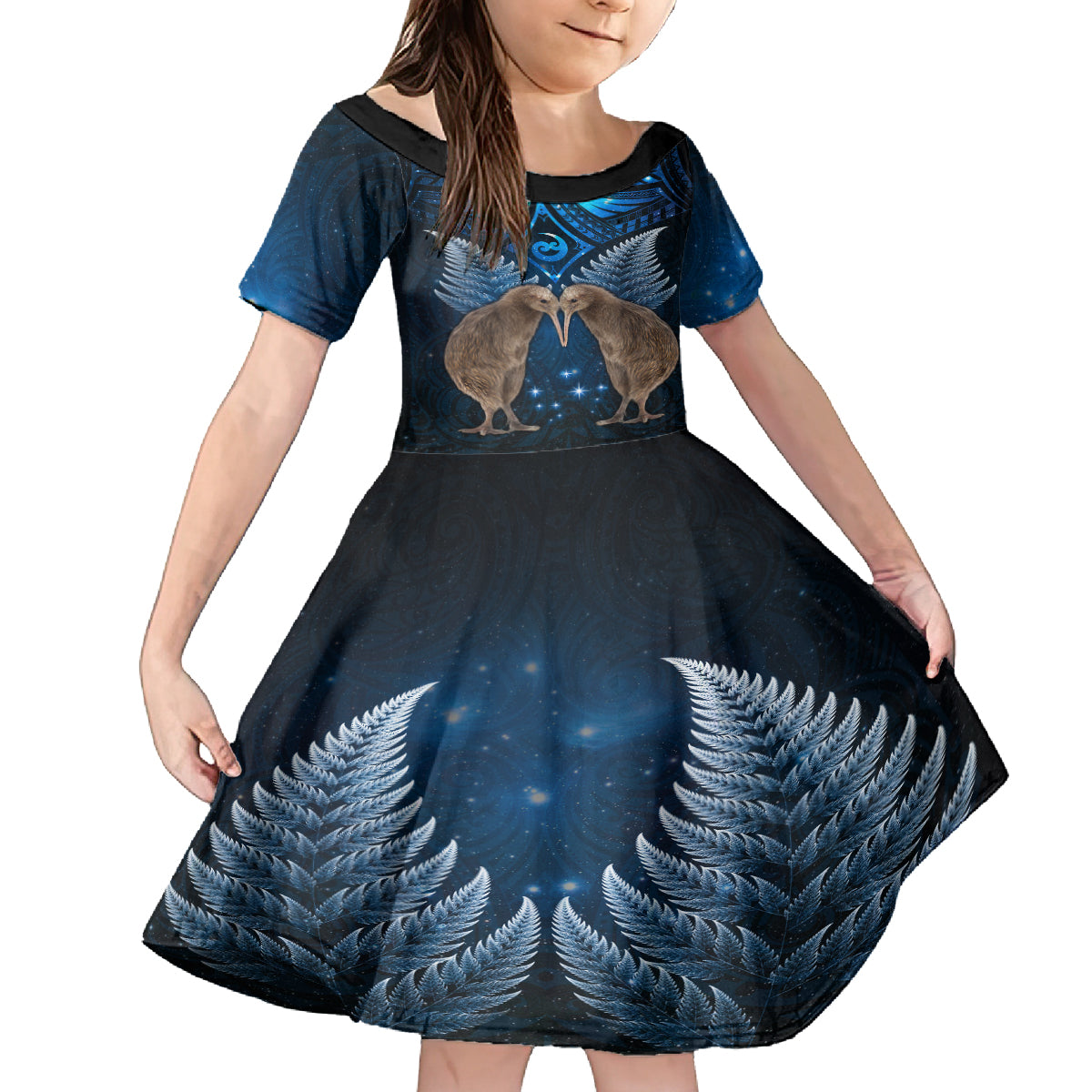 New Zealand Maori Matariki Family Matching Puletasi and Hawaiian Shirt Hongi Kiwi Bird and Silver Fern LT03 Daughter's Dress Blue - Polynesian Pride