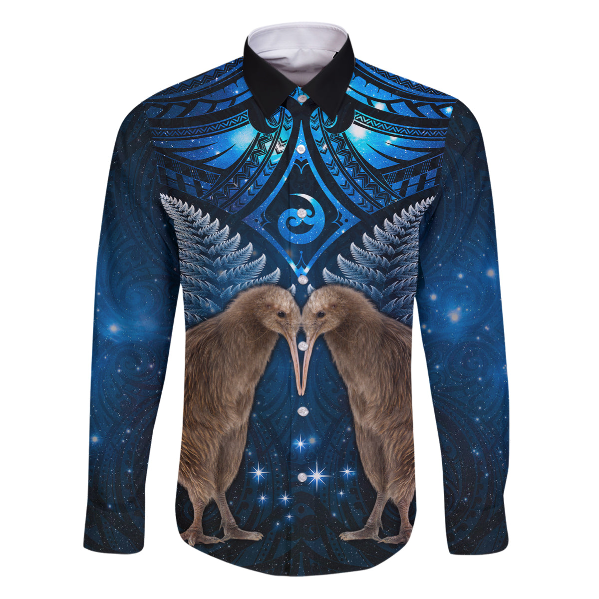 New Zealand Maori Matariki Family Matching Puletasi and Hawaiian Shirt Hongi Kiwi Bird and Silver Fern LT03 Dad's Shirt - Long Sleeve Blue - Polynesian Pride