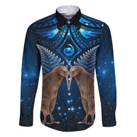 New Zealand Maori Matariki Family Matching Puletasi and Hawaiian Shirt Hongi Kiwi Bird and Silver Fern LT03 Dad's Shirt - Long Sleeve Blue - Polynesian Pride