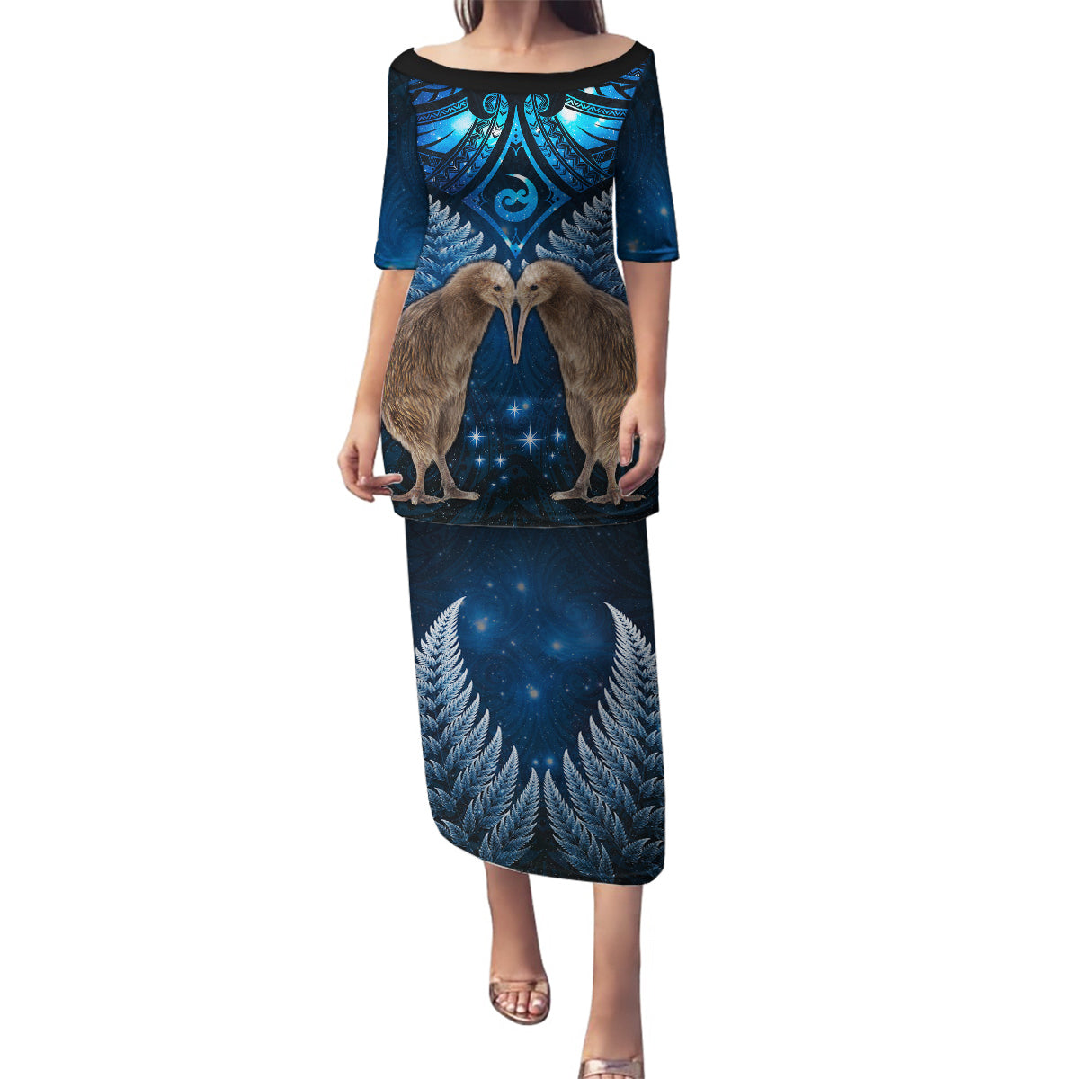 New Zealand Maori Matariki Family Matching Puletasi and Hawaiian Shirt Hongi Kiwi Bird and Silver Fern LT03 Mom's Dress Blue - Polynesian Pride