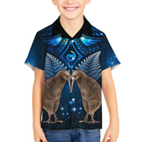 New Zealand Maori Matariki Family Matching Puletasi and Hawaiian Shirt Hongi Kiwi Bird and Silver Fern LT03 Son's Shirt Blue - Polynesian Pride