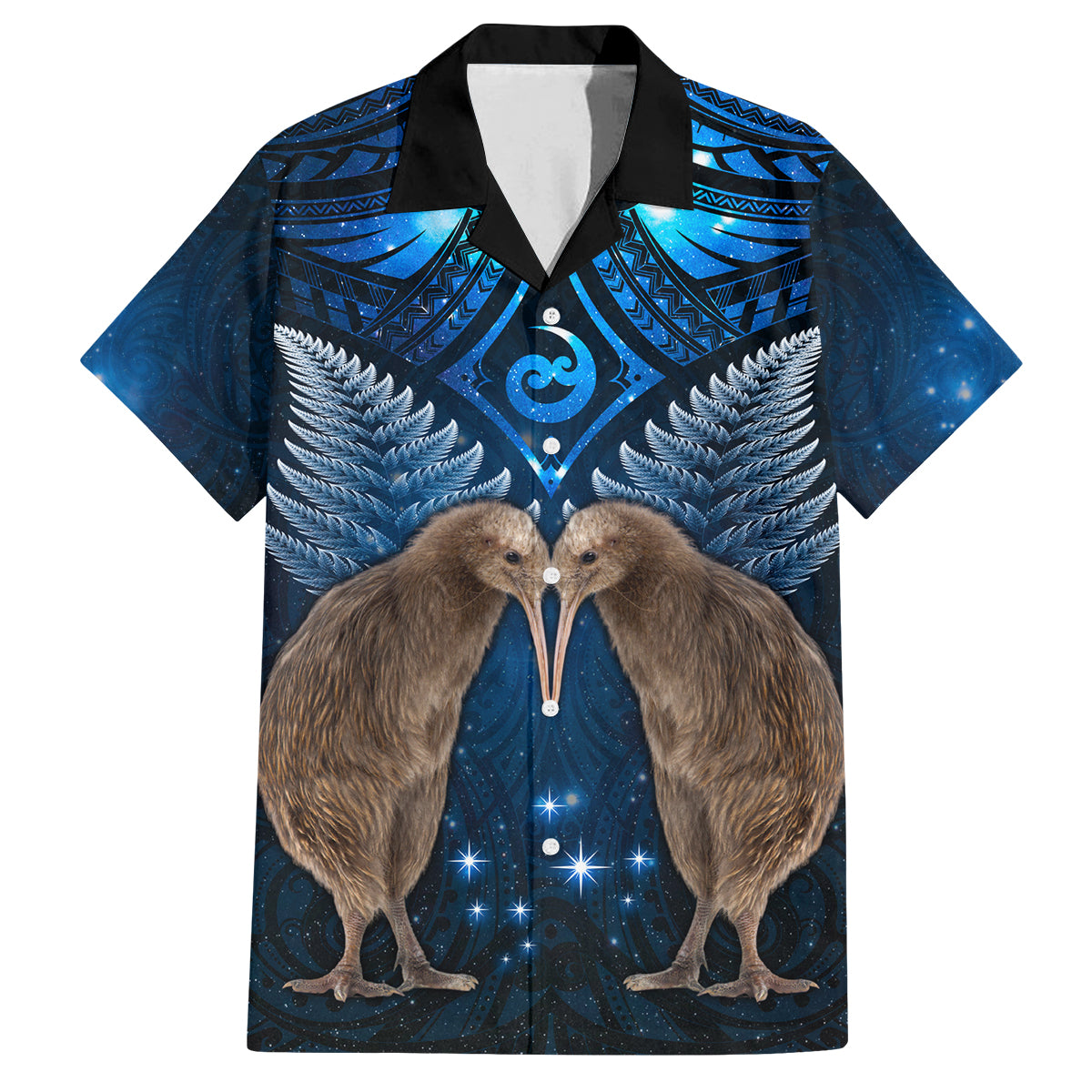 New Zealand Maori Matariki Family Matching Summer Maxi Dress and Hawaiian Shirt Hongi Kiwi Bird and Silver Fern LT03 Dad's Shirt - Short Sleeve Blue - Polynesian Pride