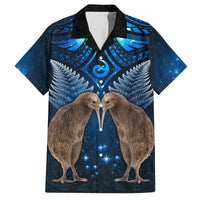 New Zealand Maori Matariki Family Matching Summer Maxi Dress and Hawaiian Shirt Hongi Kiwi Bird and Silver Fern LT03 Dad's Shirt - Short Sleeve Blue - Polynesian Pride