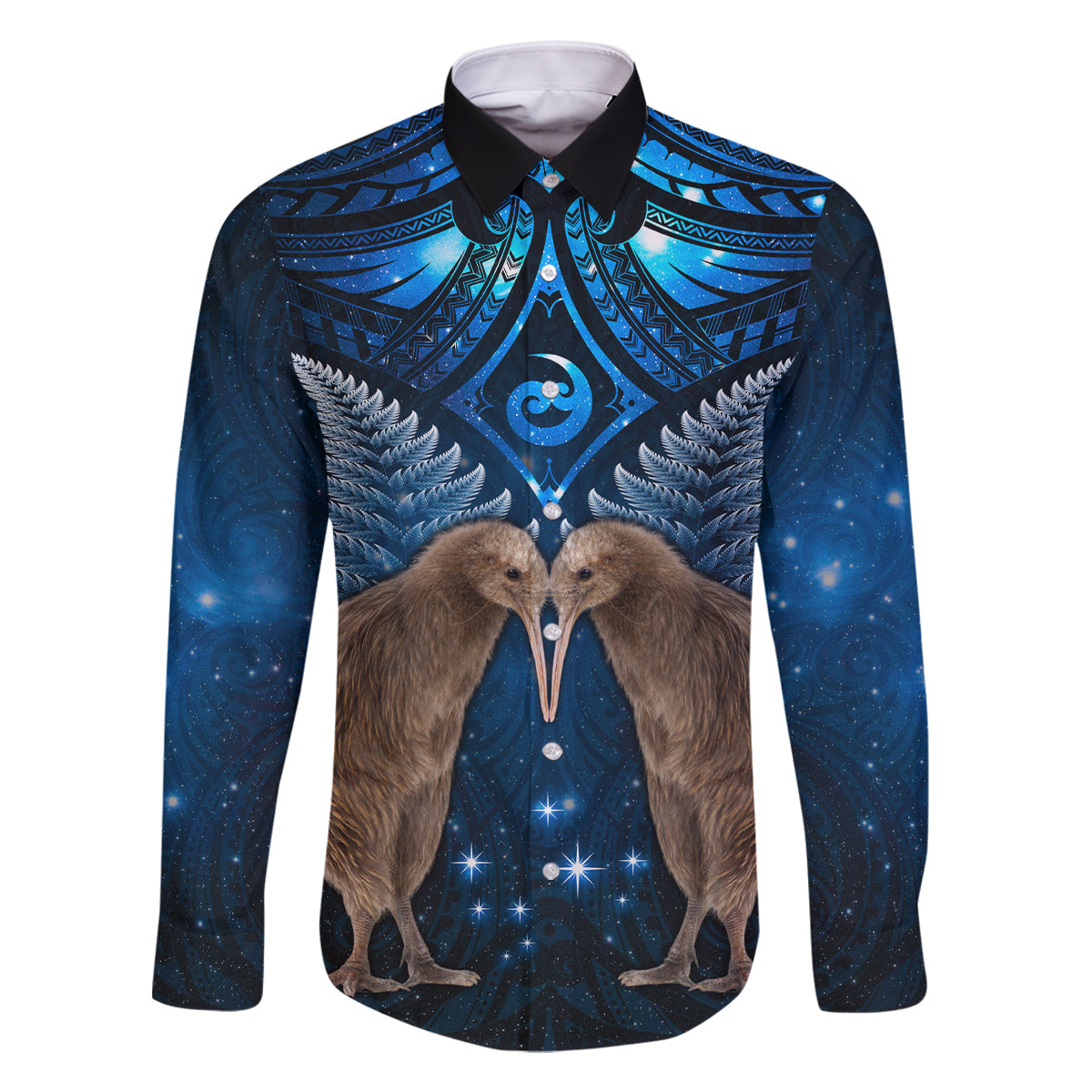 New Zealand Maori Matariki Family Matching Summer Maxi Dress and Hawaiian Shirt Hongi Kiwi Bird and Silver Fern LT03 Dad's Shirt - Long Sleeve Blue - Polynesian Pride