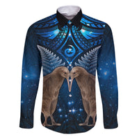 New Zealand Maori Matariki Family Matching Summer Maxi Dress and Hawaiian Shirt Hongi Kiwi Bird and Silver Fern LT03 Dad's Shirt - Long Sleeve Blue - Polynesian Pride