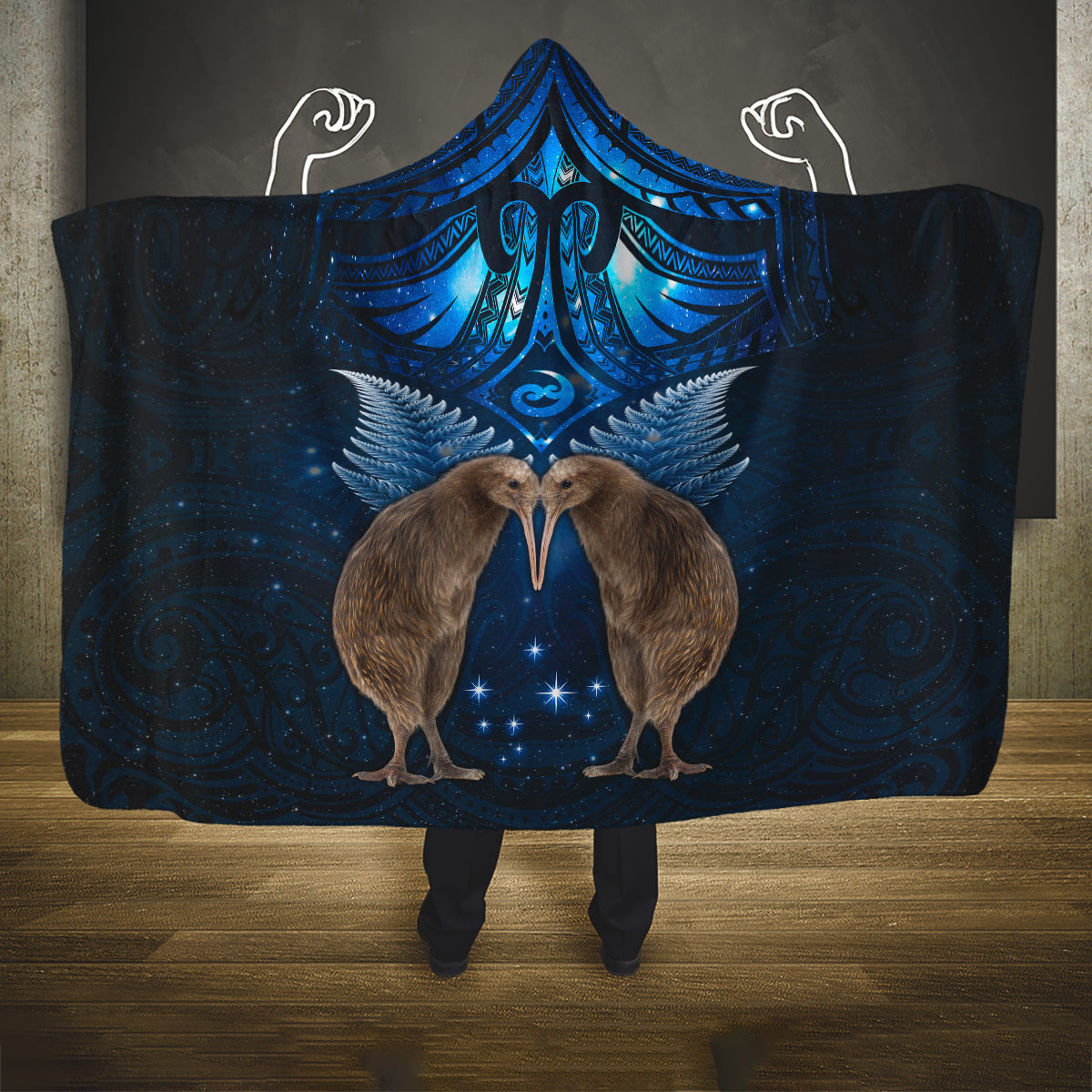 New Zealand Maori Matariki Hooded Blanket Hongi Kiwi Bird and Silver Fern LT03 One Size Blue - Polynesian Pride