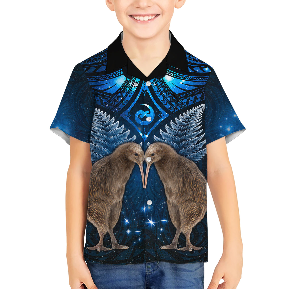 New Zealand Maori Matariki Kid Hawaiian Shirt Hongi Kiwi Bird and Silver Fern LT03 Kid Blue - Polynesian Pride