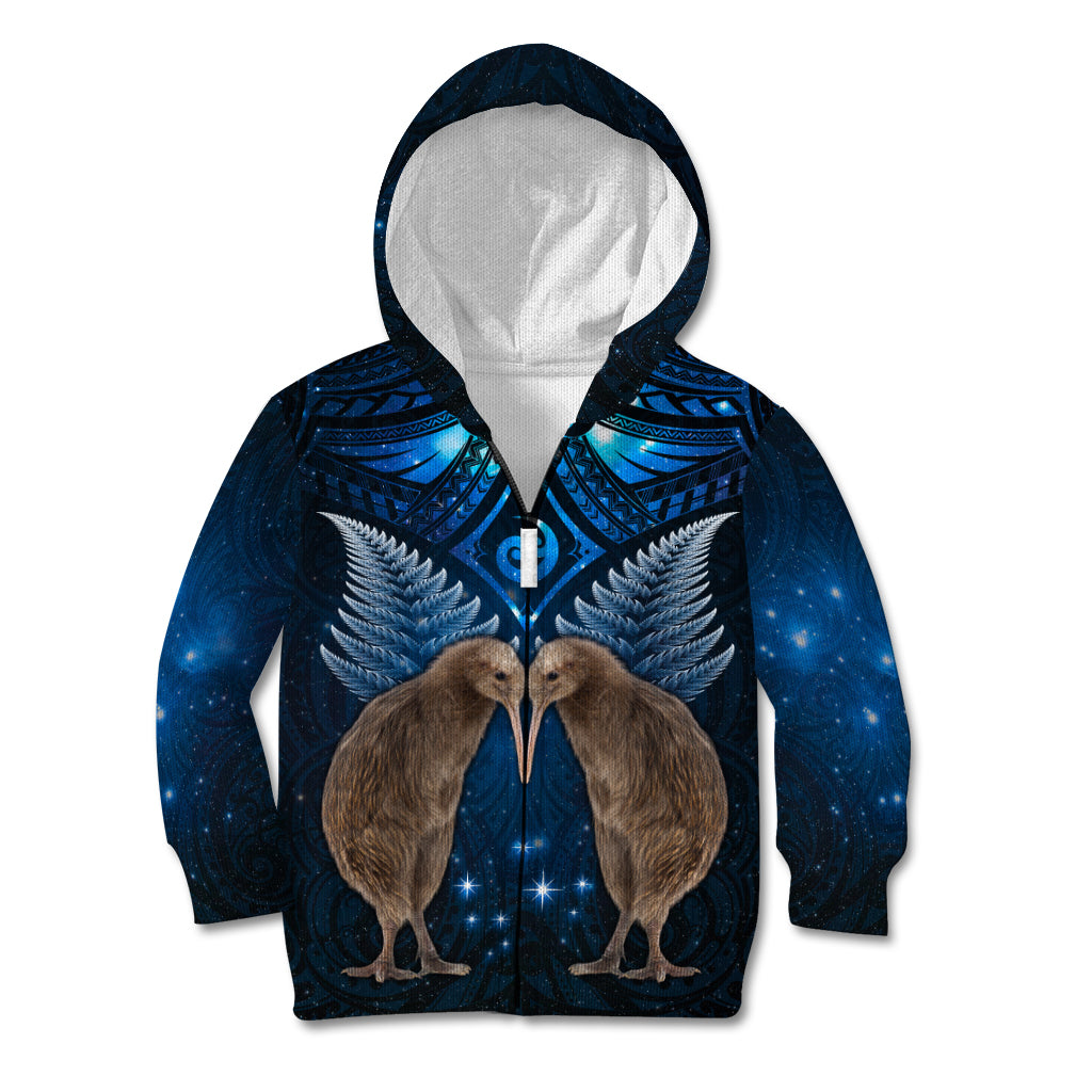 New Zealand Maori Matariki Kid Hoodie Hongi Kiwi Bird and Silver Fern LT03 Zip Hoodie Blue - Polynesian Pride