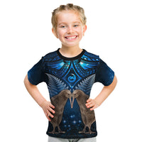 New Zealand Maori Matariki Kid T Shirt Hongi Kiwi Bird and Silver Fern LT03 Blue - Polynesian Pride