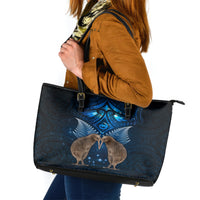 New Zealand Maori Matariki Leather Tote Bag Hongi Kiwi Bird and Silver Fern LT03 Blue - Polynesian Pride