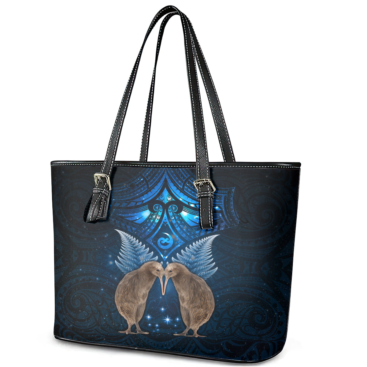 New Zealand Maori Matariki Leather Tote Bag Hongi Kiwi Bird and Silver Fern LT03 - Polynesian Pride