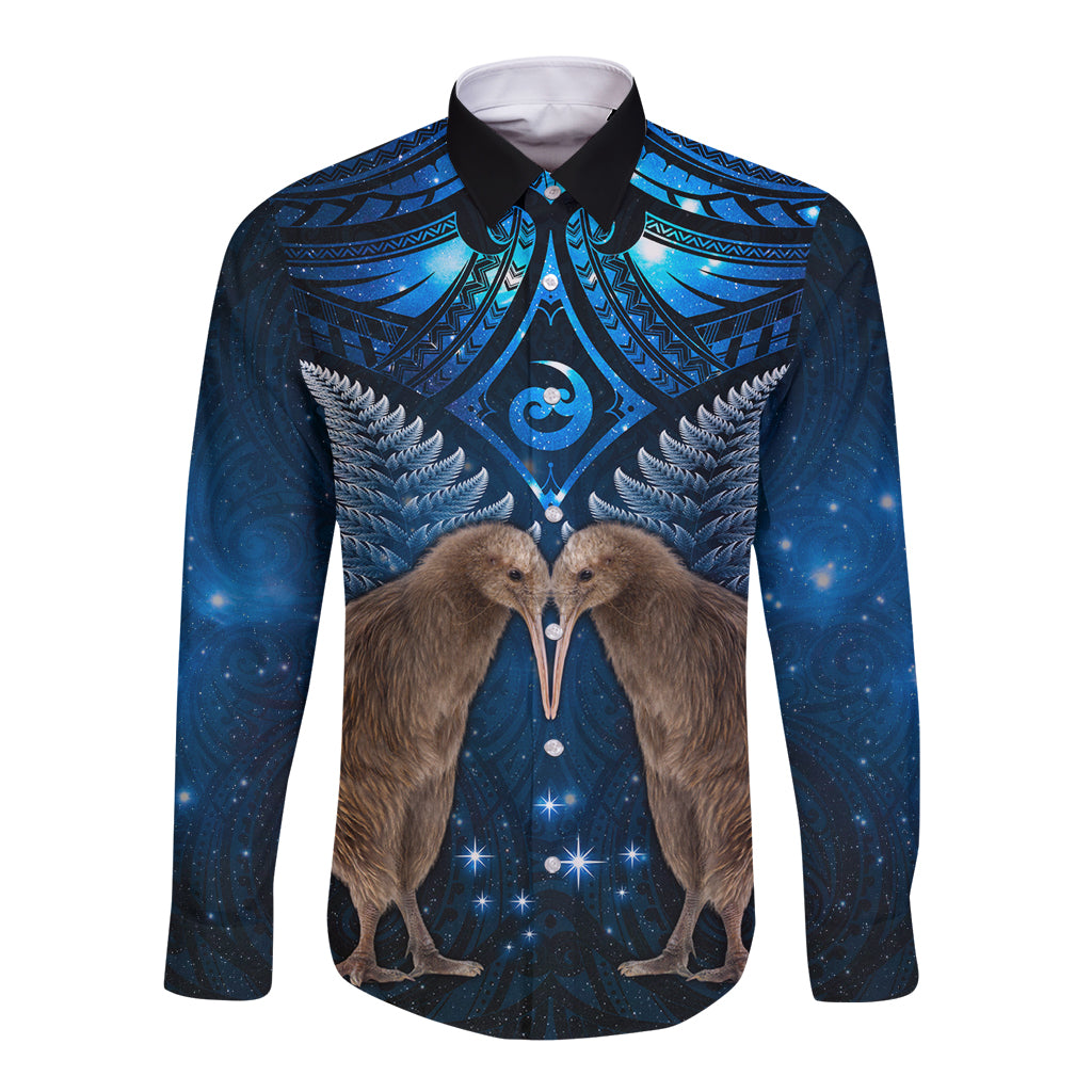 New Zealand Maori Matariki Long Sleeve Button Shirt Hongi Kiwi Bird and Silver Fern LT03 Unisex Blue - Polynesian Pride