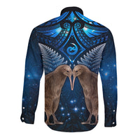 New Zealand Maori Matariki Long Sleeve Button Shirt Hongi Kiwi Bird and Silver Fern LT03 - Polynesian Pride