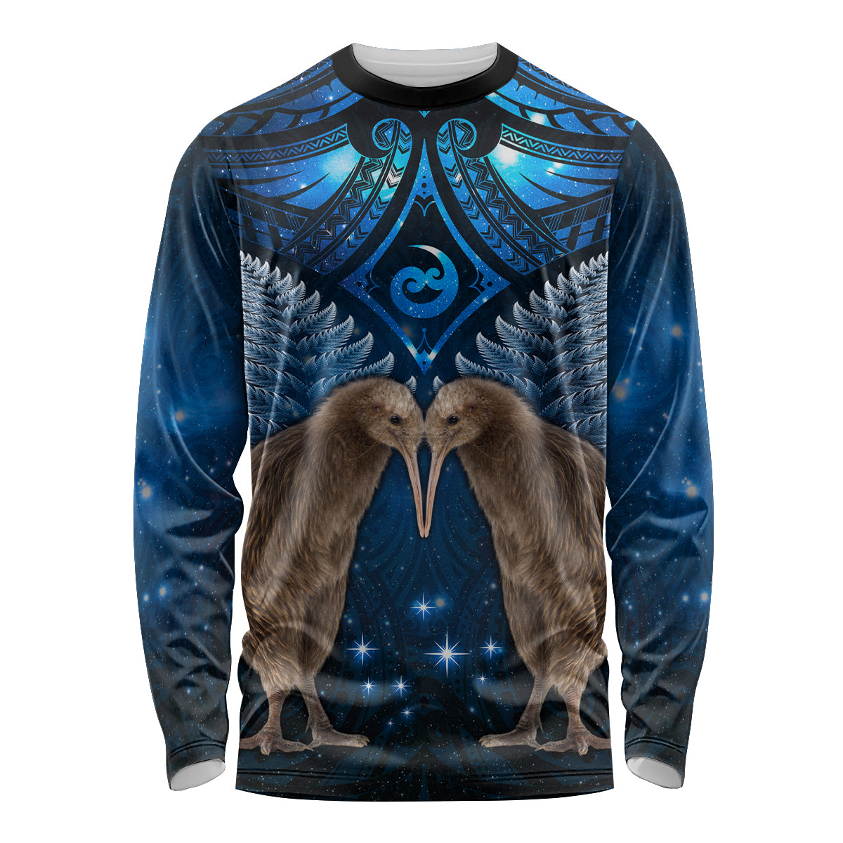 New Zealand Maori Matariki Long Sleeve Shirt Hongi Kiwi Bird and Silver Fern LT03 Unisex Blue - Polynesian Pride