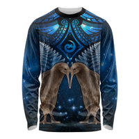 New Zealand Maori Matariki Long Sleeve Shirt Hongi Kiwi Bird and Silver Fern LT03 Unisex Blue - Polynesian Pride