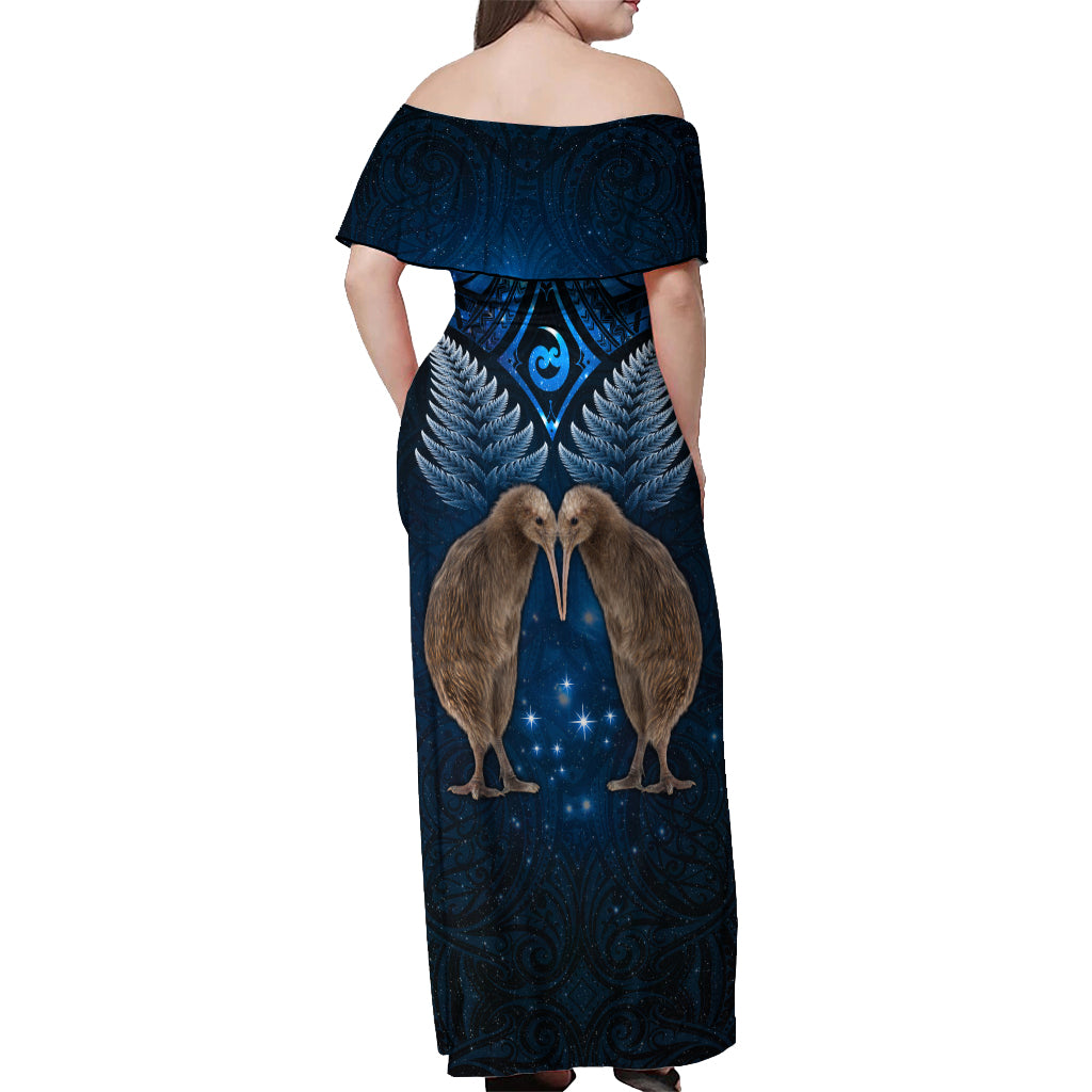 New Zealand Maori Matariki Off Shoulder Maxi Dress Hongi Kiwi Bird and Silver Fern LT03 - Polynesian Pride