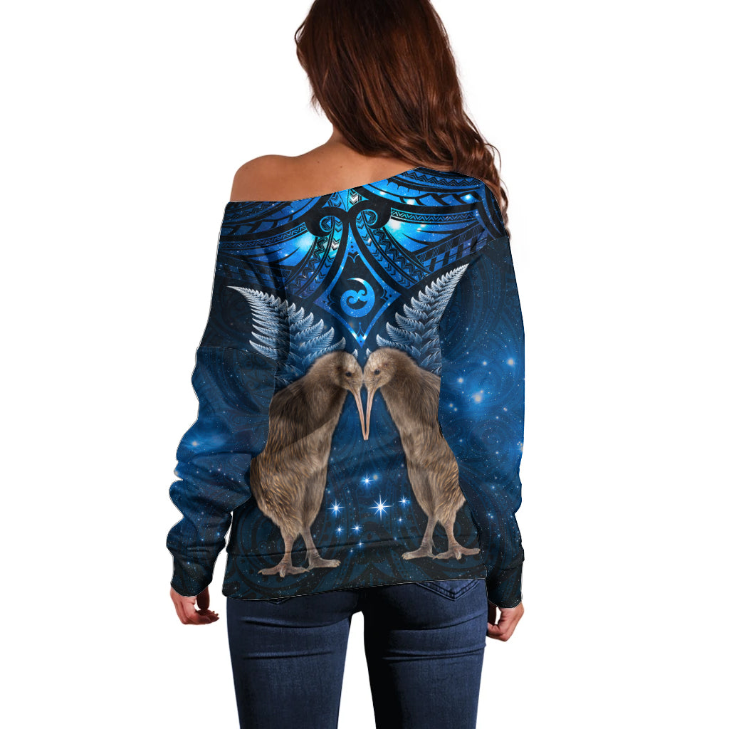 New Zealand Maori Matariki Off Shoulder Sweater Hongi Kiwi Bird and Silver Fern LT03 - Polynesian Pride