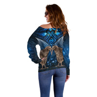 New Zealand Maori Matariki Off Shoulder Sweater Hongi Kiwi Bird and Silver Fern LT03 - Polynesian Pride