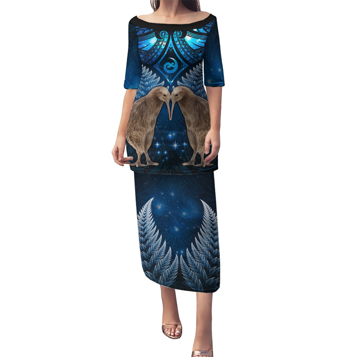 New Zealand Maori Matariki Puletasi Hongi Kiwi Bird and Silver Fern LT03 Long Dress Blue - Polynesian Pride