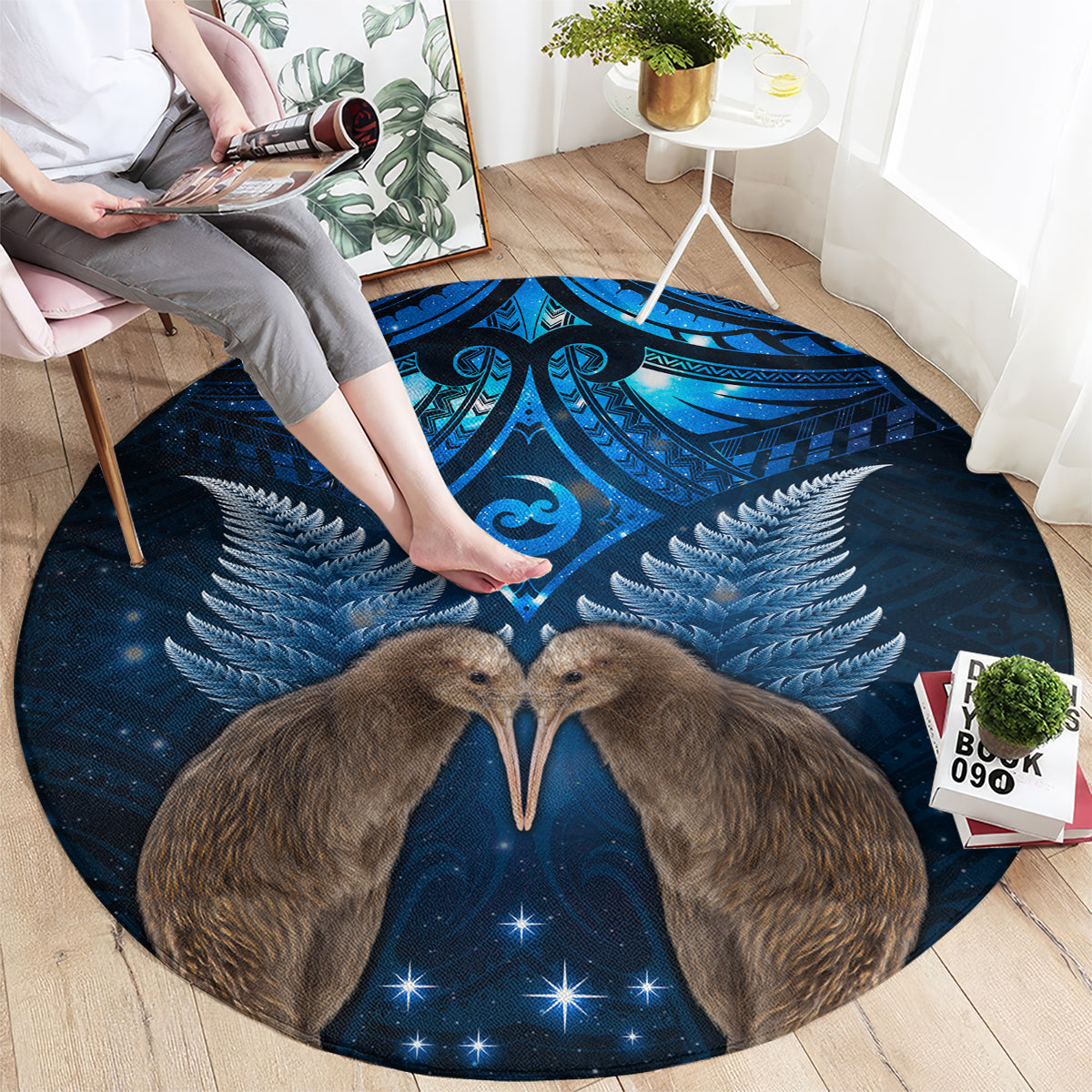 New Zealand Maori Matariki Round Carpet Hongi Kiwi Bird and Silver Fern LT03 - Polynesian Pride