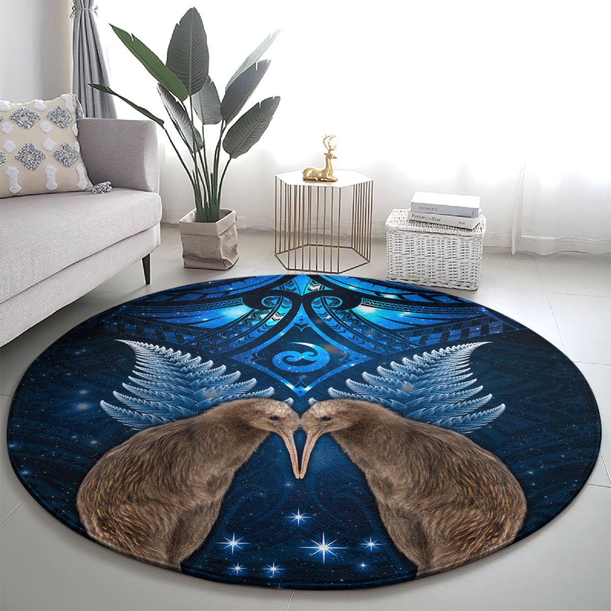 New Zealand Maori Matariki Round Carpet Hongi Kiwi Bird and Silver Fern LT03 - Polynesian Pride