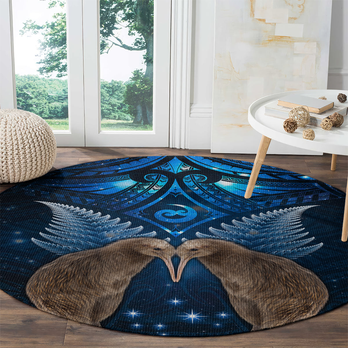 New Zealand Maori Matariki Round Carpet Hongi Kiwi Bird and Silver Fern LT03 - Polynesian Pride