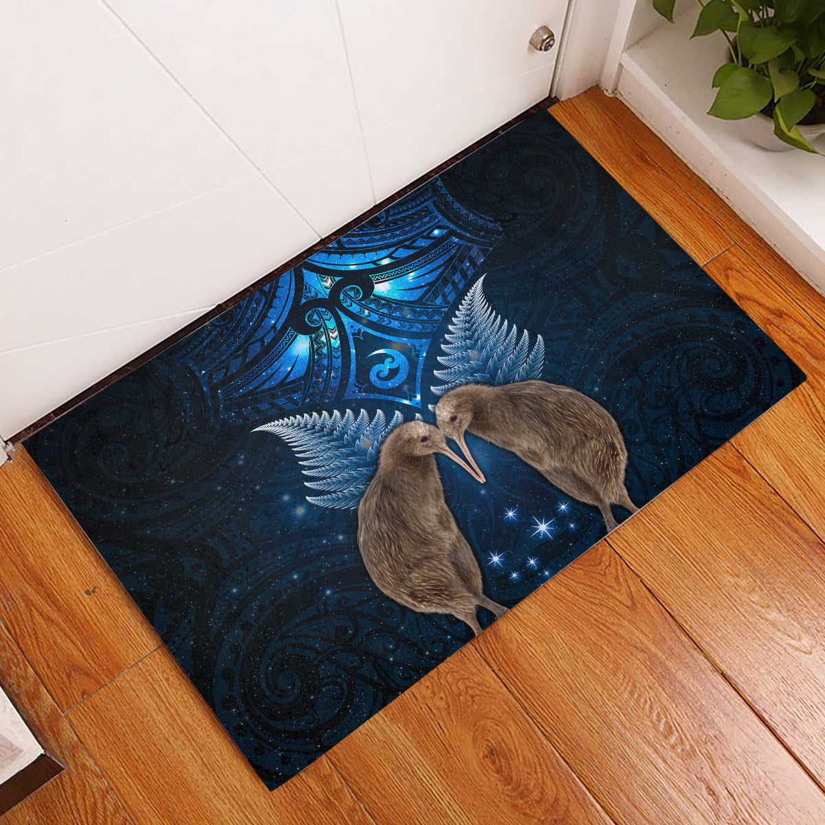 New Zealand Maori Matariki Rubber Doormat Hongi Kiwi Bird and Silver Fern LT03 Blue - Polynesian Pride