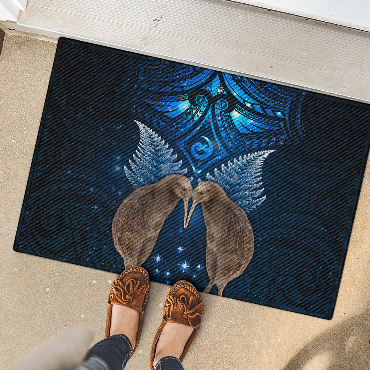 New Zealand Maori Matariki Rubber Doormat Hongi Kiwi Bird and Silver Fern LT03 - Polynesian Pride