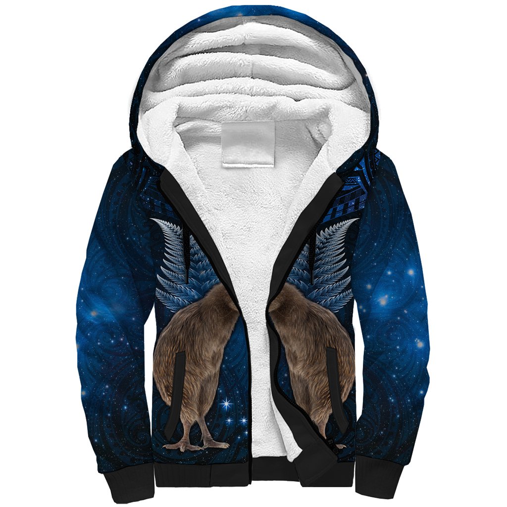New Zealand Maori Matariki Sherpa Hoodie Hongi Kiwi Bird and Silver Fern LT03