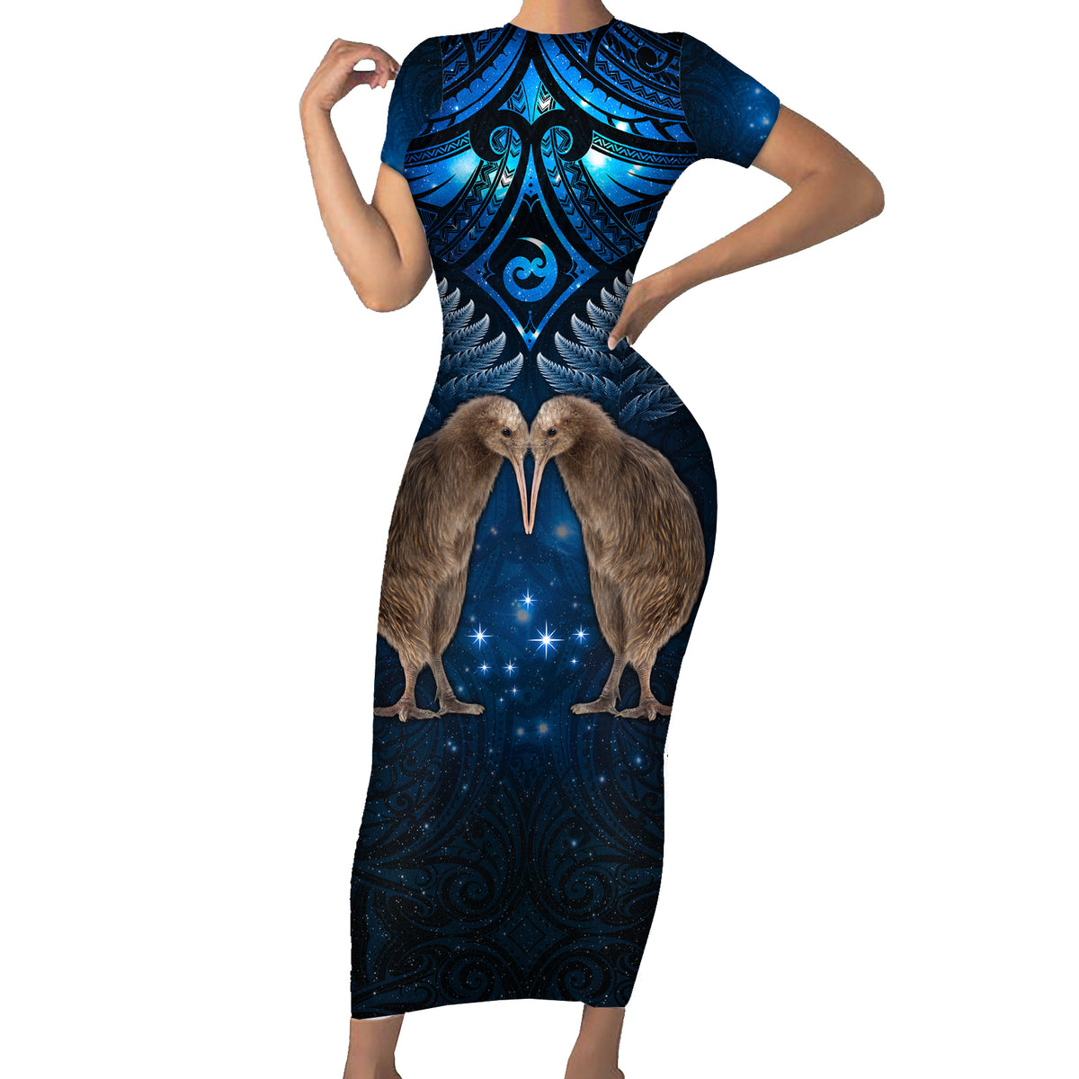 New Zealand Maori Matariki Short Sleeve Bodycon Dress Hongi Kiwi Bird and Silver Fern LT03 Long Dress Blue - Polynesian Pride