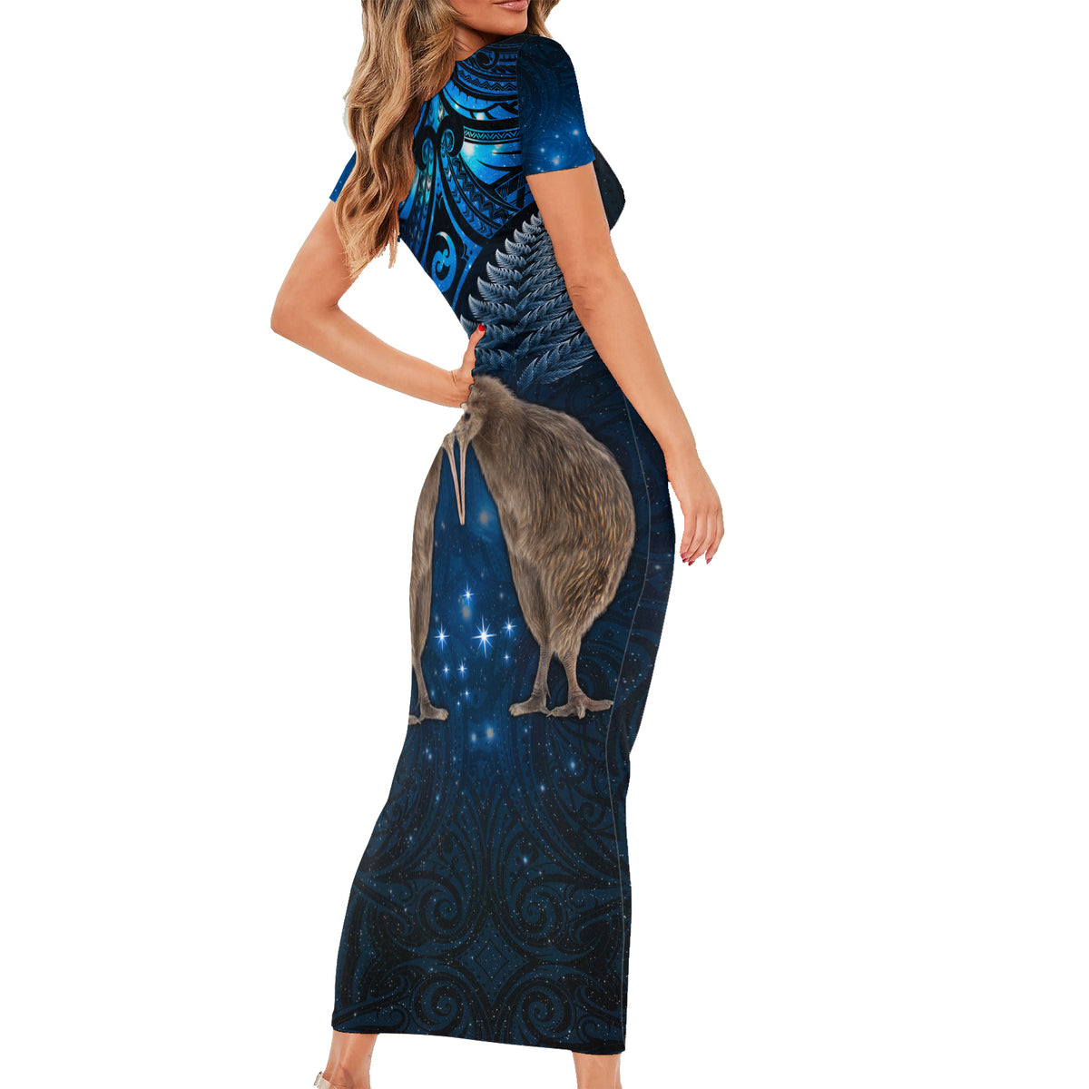 New Zealand Maori Matariki Short Sleeve Bodycon Dress Hongi Kiwi Bird and Silver Fern LT03 - Polynesian Pride