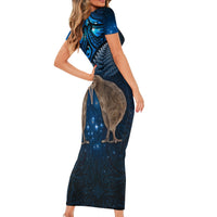 New Zealand Maori Matariki Short Sleeve Bodycon Dress Hongi Kiwi Bird and Silver Fern LT03 - Polynesian Pride