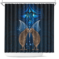 New Zealand Maori Matariki Shower Curtain Hongi Kiwi Bird and Silver Fern LT03 Blue - Polynesian Pride