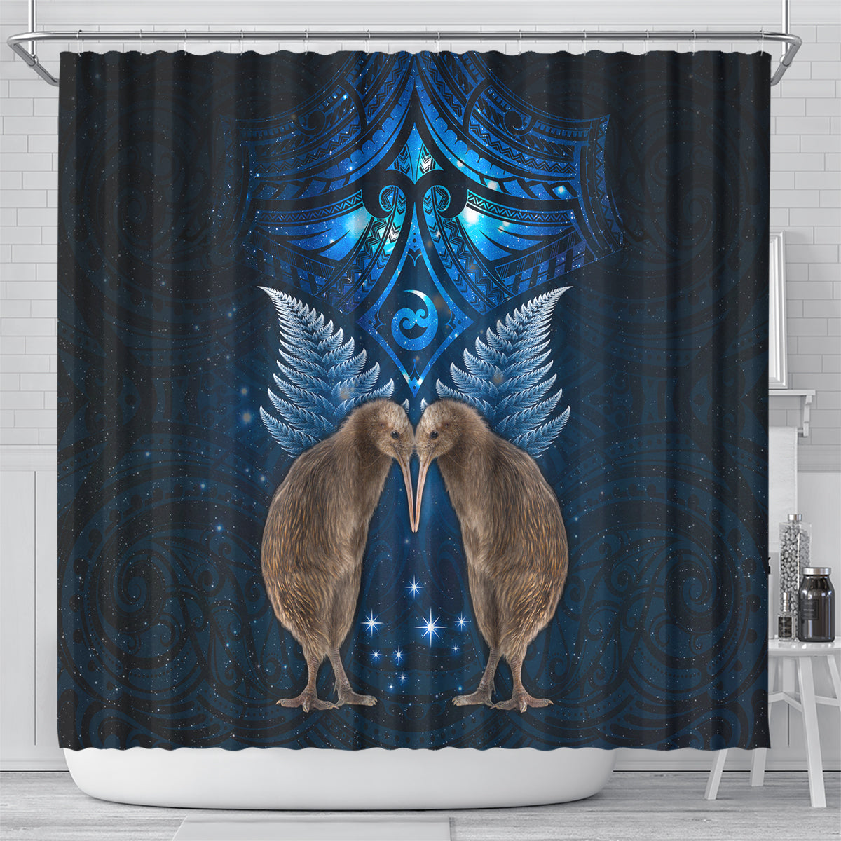 New Zealand Maori Matariki Shower Curtain Hongi Kiwi Bird and Silver Fern LT03 - Polynesian Pride