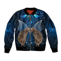 New Zealand Maori Matariki Sleeve Zip Bomber Jacket Hongi Kiwi Bird and Silver Fern LT03 Unisex Blue - Polynesian Pride