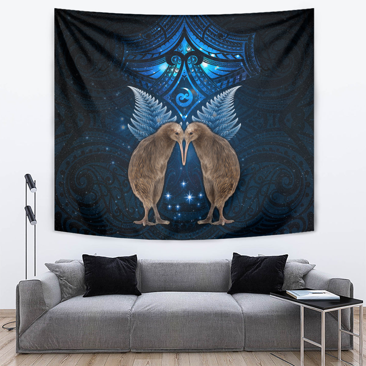 New Zealand Maori Matariki Tapestry Hongi Kiwi Bird and Silver Fern LT03 Blue - Polynesian Pride