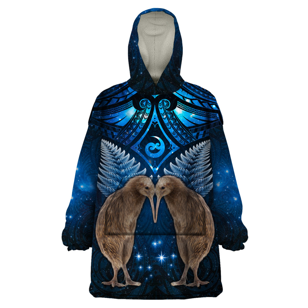 New Zealand Maori Matariki Wearable Blanket Hoodie Hongi Kiwi Bird and Silver Fern LT03 One Size Blue - Polynesian Pride