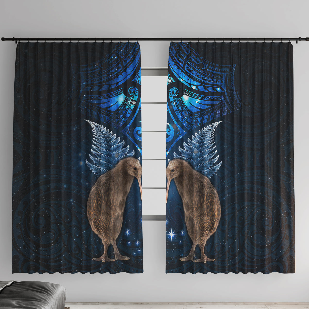 New Zealand Maori Matariki Window Curtain Hongi Kiwi Bird and Silver Fern LT03 With Hooks Blue - Polynesian Pride