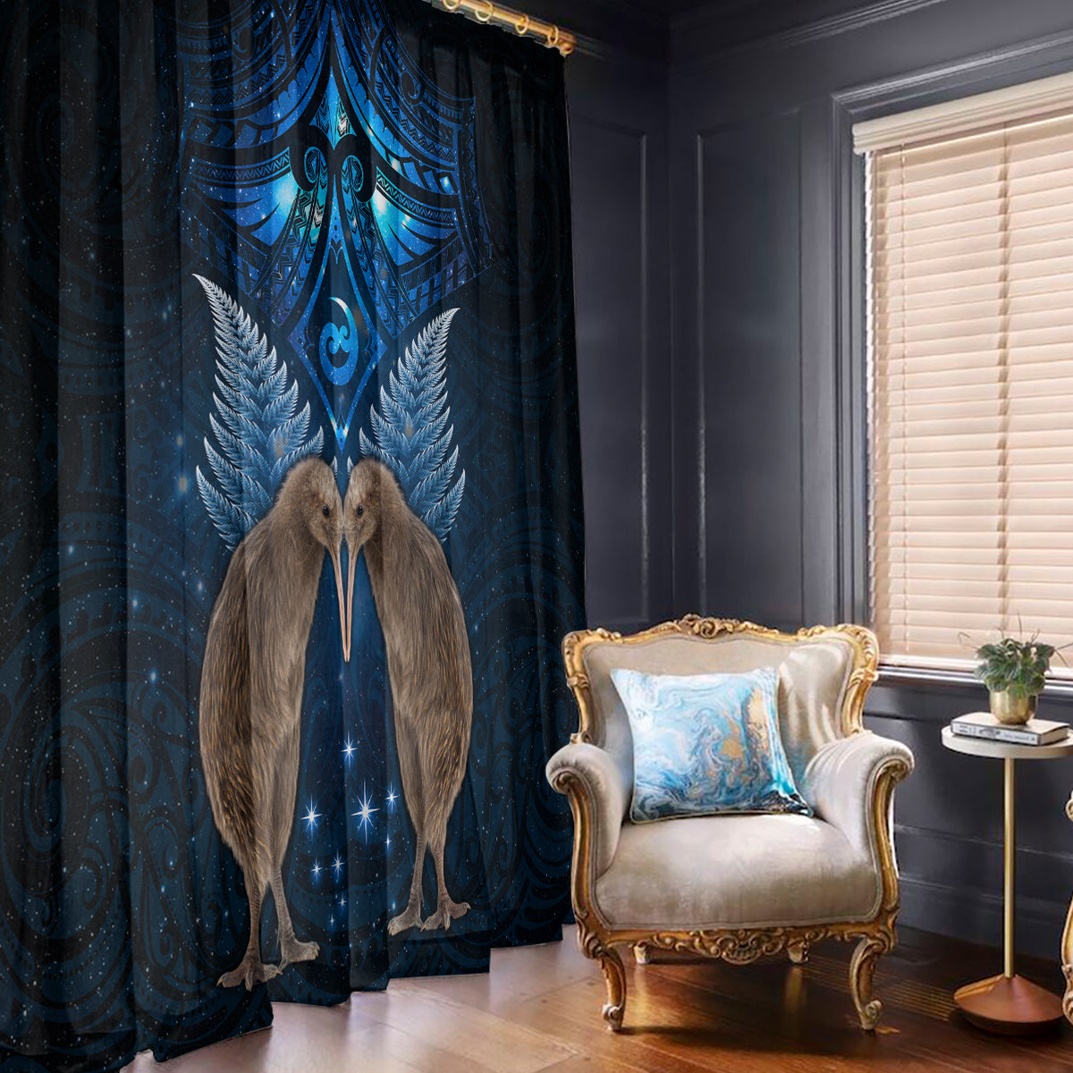 New Zealand Maori Matariki Window Curtain Hongi Kiwi Bird and Silver Fern LT03 - Polynesian Pride