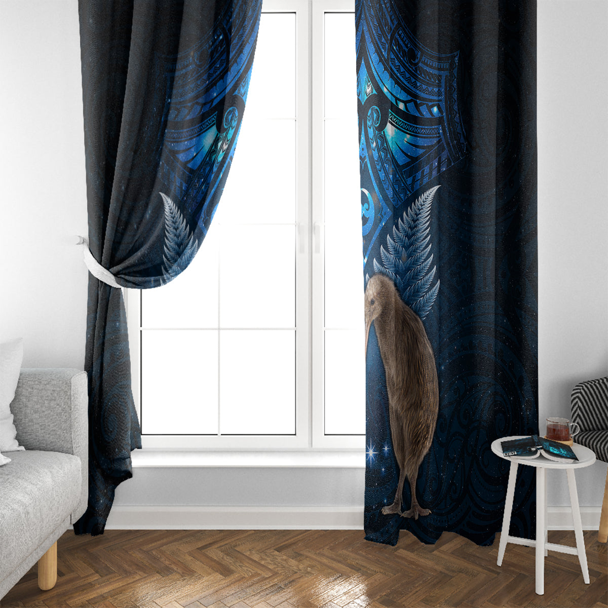 New Zealand Maori Matariki Window Curtain Hongi Kiwi Bird and Silver Fern LT03 - Polynesian Pride