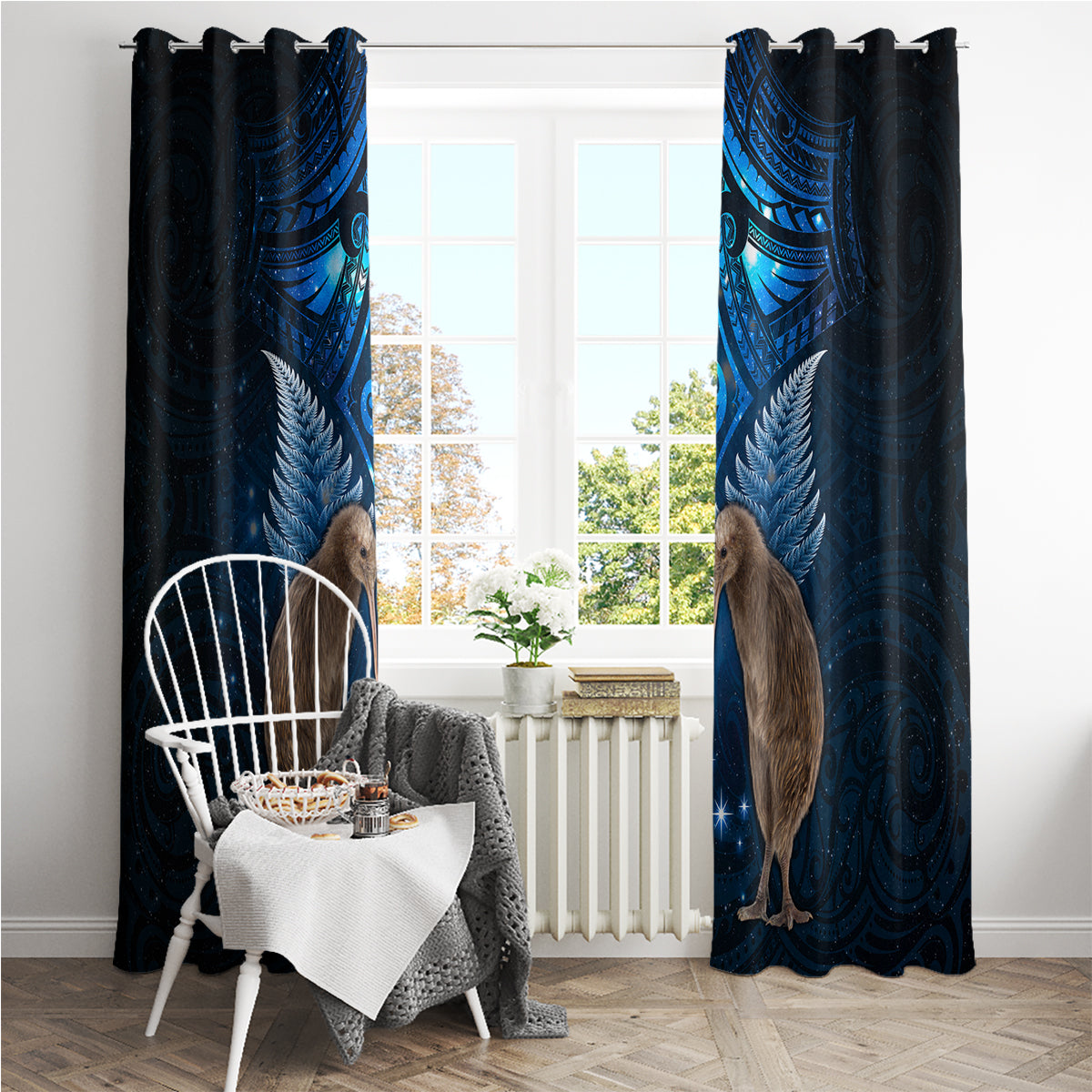 New Zealand Maori Matariki Window Curtain Hongi Kiwi Bird and Silver Fern LT03 - Polynesian Pride
