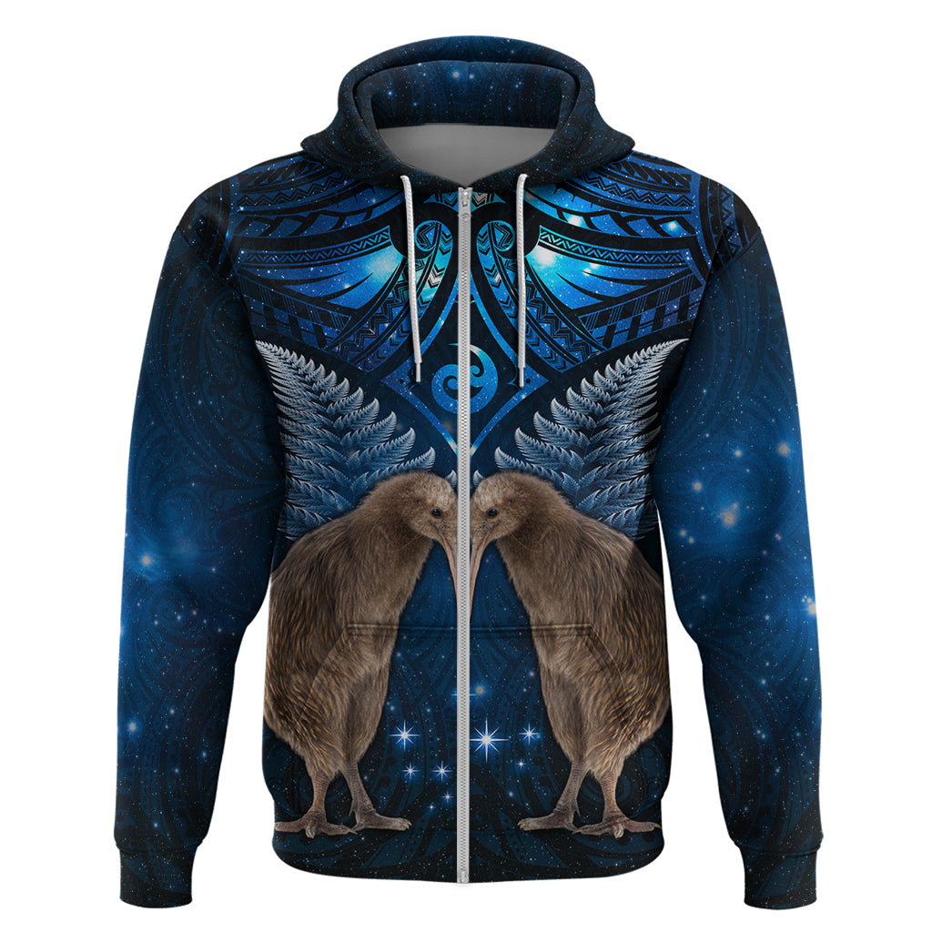 New Zealand Maori Matariki Zip Hoodie Hongi Kiwi Bird and Silver Fern LT03 Zip Hoodie Blue - Polynesian Pride
