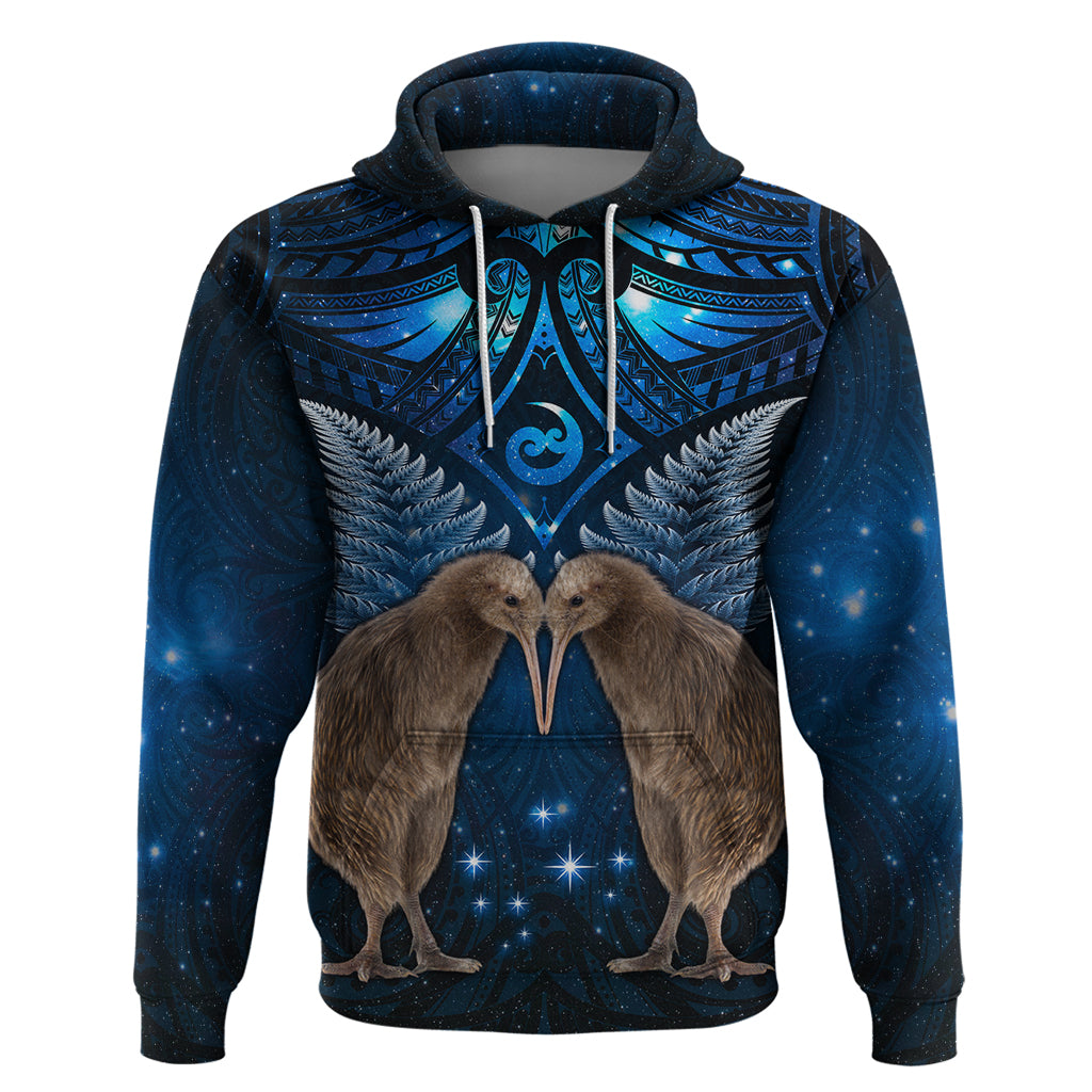 New Zealand Maori Matariki Zip Hoodie Hongi Kiwi Bird and Silver Fern LT03 Pullover Hoodie Blue - Polynesian Pride