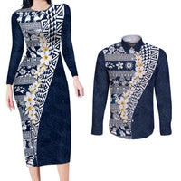 Hawaii Plumeria Tribal Vintage Couples Matching Long Sleeve Bodycon Dress and Long Sleeve Button Shirt Special Blue