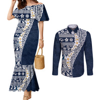 Hawaii Plumeria Tribal Vintage Couples Matching Mermaid Dress and Long Sleeve Button Shirt Special Blue