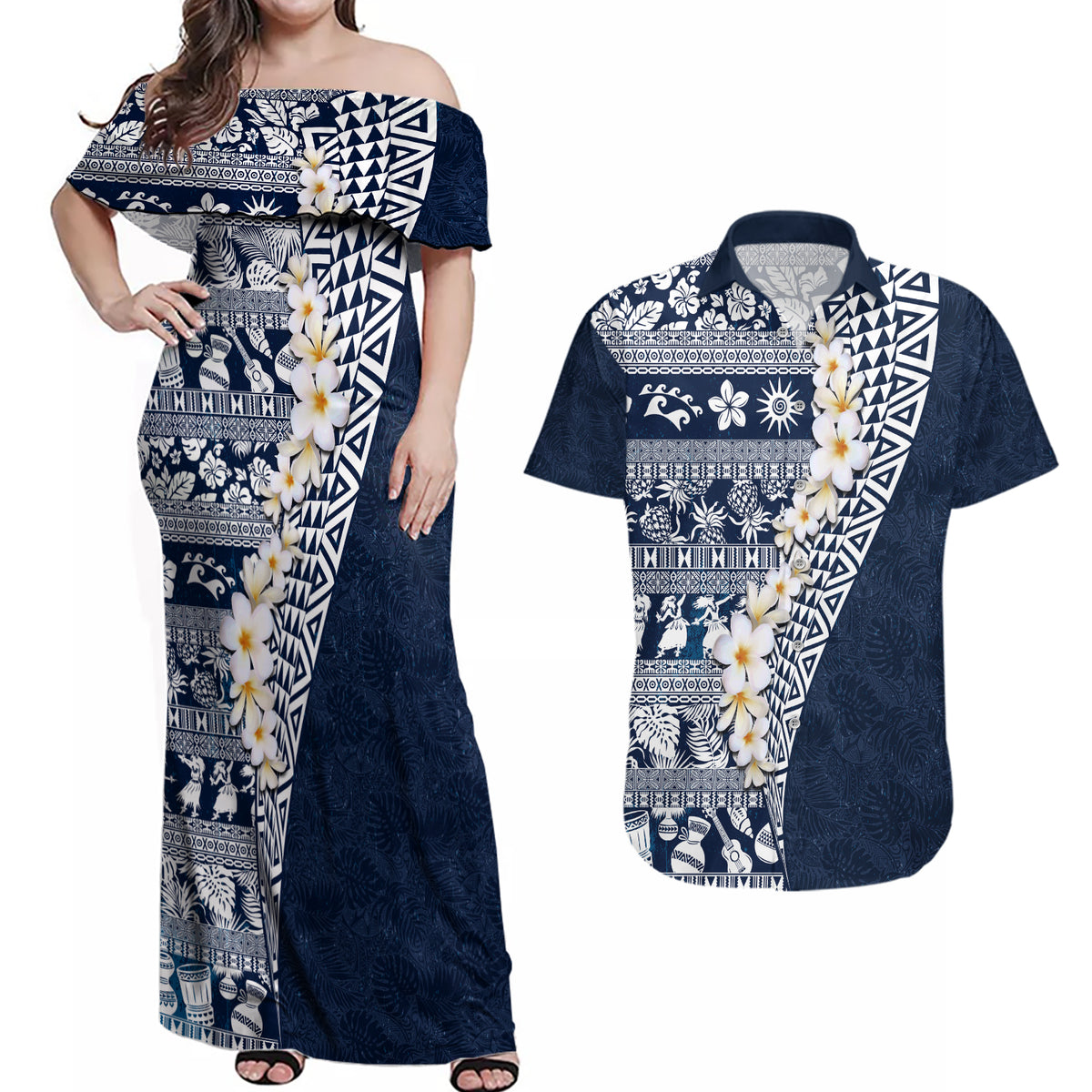 Hawaii Plumeria Tribal Vintage Couples Matching Off Shoulder Maxi Dress and Hawaiian Shirt Special Blue LT03 Blue - Polynesian Pride