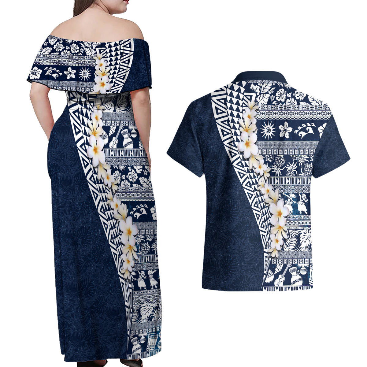Hawaii Plumeria Tribal Vintage Couples Matching Off Shoulder Maxi Dress and Hawaiian Shirt Special Blue LT03 - Polynesian Pride
